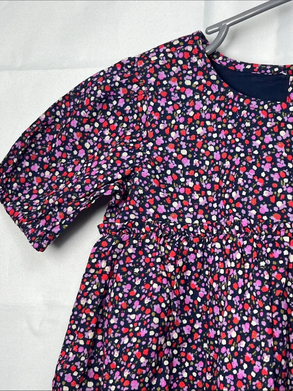 Baby GAP navy and purple floral print tiered ruffle puff sleeve cotton dress NWT